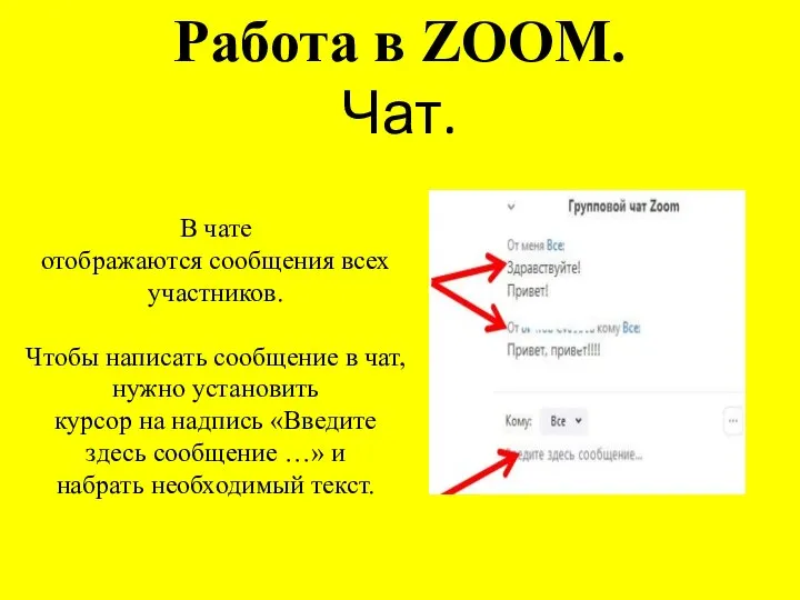 Работа в ZOOM. Чат. В чате отображаются сообщения всех участников. Чтобы