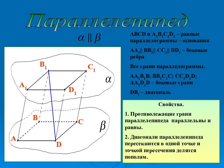 Параллелепипед АВСD и A1B1C1D1 – равные параллелограммы – основания АА1|| ВВ1||