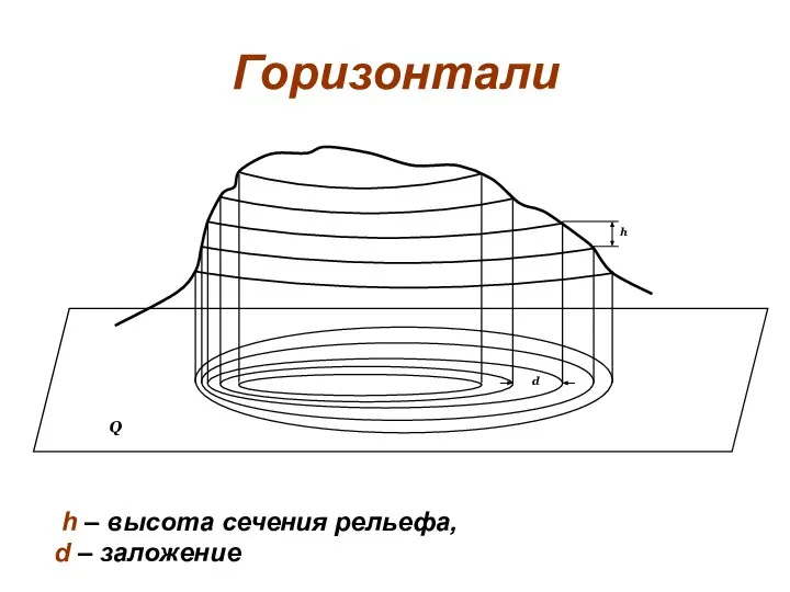 Горизонтали h – высота сечения рельефа, d – заложение d Q h