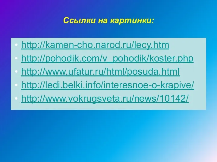 Ссылки на картинки: http://kamen-cho.narod.ru/lecy.htm http://pohodik.com/v_pohodik/koster.php http://www.ufatur.ru/html/posuda.html http://ledi.belki.info/interesnoe-o-krapive/ http://www.vokrugsveta.ru/news/10142/