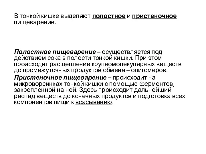 В тонкой кишке выделяют полостное и пристеночное пищеварение. Полостное пищеварение –