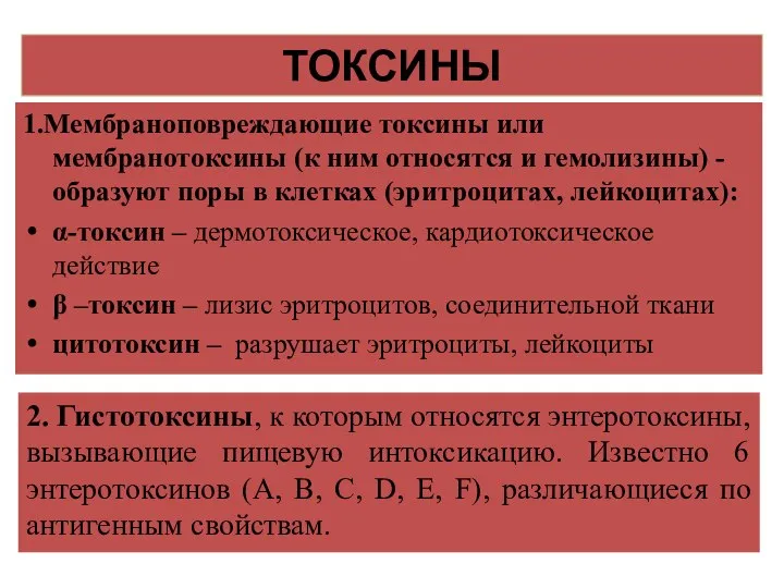 ТОКСИНЫ 1.Мембраноповреждающие токсины или мембранотоксины (к ним относятся и гемолизины) -