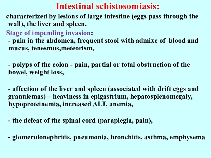 Intestinal schistosomiasis: characterized by lesions of large intestine (eggs pass through