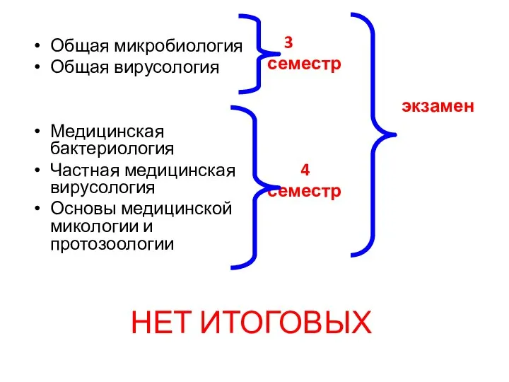 НЕТ ИТОГОВЫХ Общая микробиология Общая вирусология Медицинская бактериология Частная медицинская вирусология