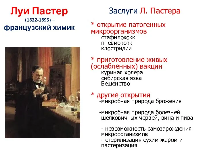 Луи Пастер (1822-1895) – французский химик Заслуги Л. Пастера * открытие