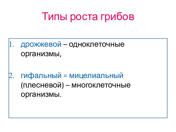 Типы роста грибов дрожжевой – одноклеточные организмы, гифальный = мицелиальный (плесневой) – многоклеточные организмы.