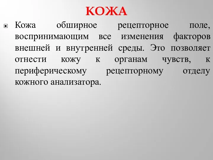 КОЖА Кожа обширное рецепторное поле, воспринимающим все изменения факторов внешней и