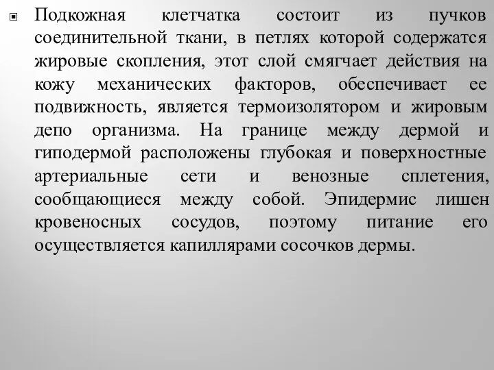 Подкожная клетчатка состоит из пучков соединительной ткани, в петлях которой содержатся