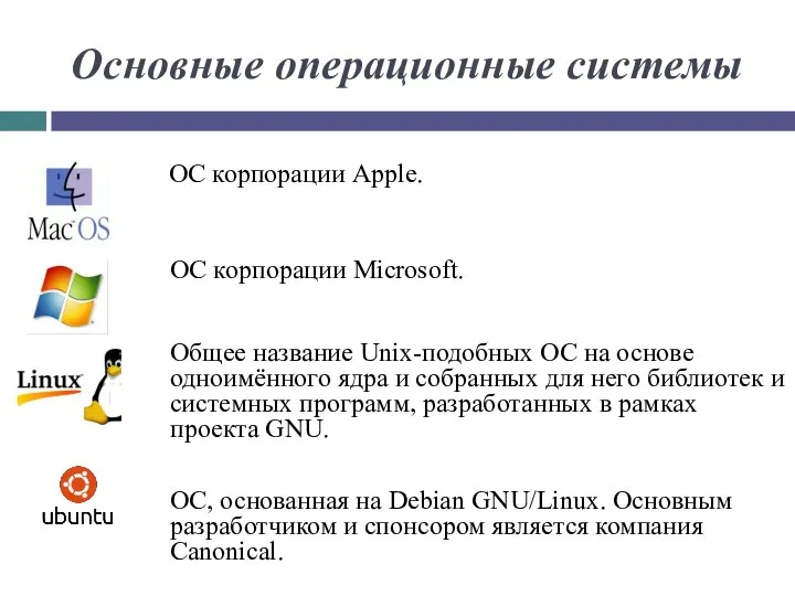 Основные операционные системы ОС корпорации Apple. ОС корпорации Microsoft. Общее название