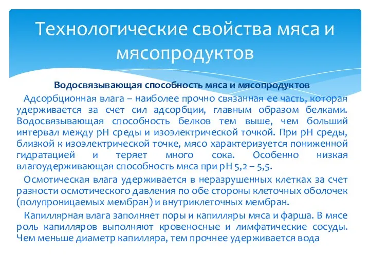 Водосвязывающая способность мяса и мясопродуктов Адсорбционная влага – наиболее прочно связанная