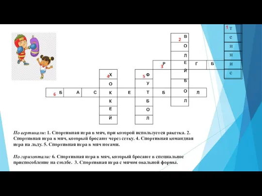 По вертикали: 1. Спортивная игра в мяч, при которой используется ракетка.