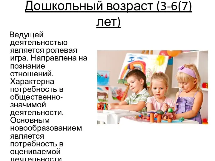 Дошкольный возраст (3-6(7) лет) Ведущей деятельностью является ролевая игра. Направлена на