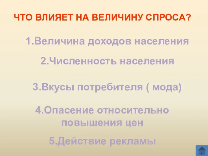 ЧТО ВЛИЯЕТ НА ВЕЛИЧИНУ СПРОСА? 1.Величина доходов населения 2.Численность населения 3.Вкусы