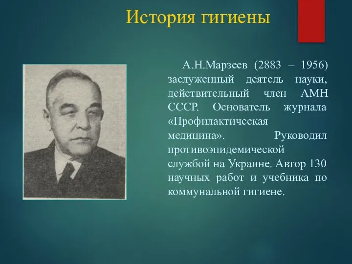История гигиены А.Н.Марзеев (2883 – 1956) заслуженный деятель науки, действительный член