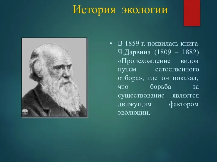 История экологии В 1859 г. появилась книга Ч.Дарвина (1809 – 1882)