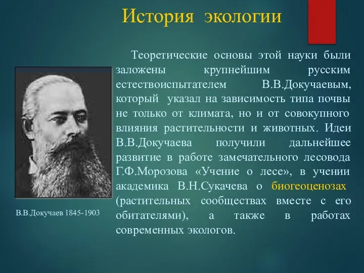 История экологии Теоретические основы этой науки были заложены крупнейшим русским естествоиспытателем