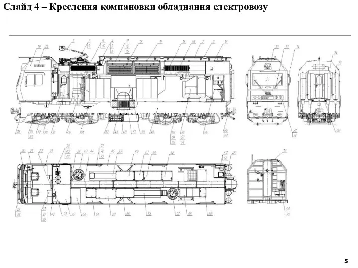 Слайд 4 – Креслення компановки обладнання електровозу