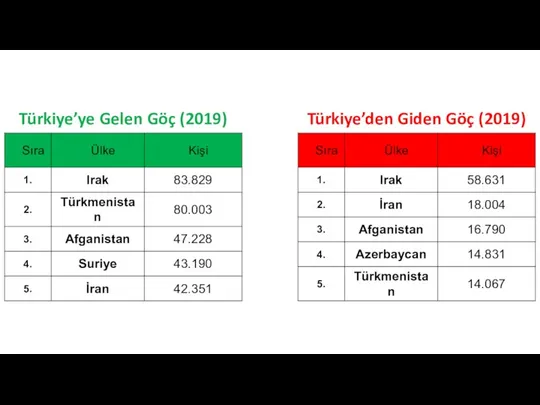 Türkiye’ye Gelen Göç (2019) Türkiye’den Giden Göç (2019)