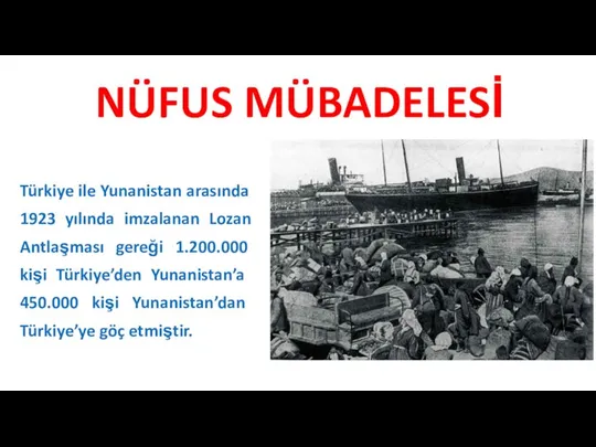 NÜFUS MÜBADELESİ Türkiye ile Yunanistan arasında 1923 yılında imzalanan Lozan Antlaşması