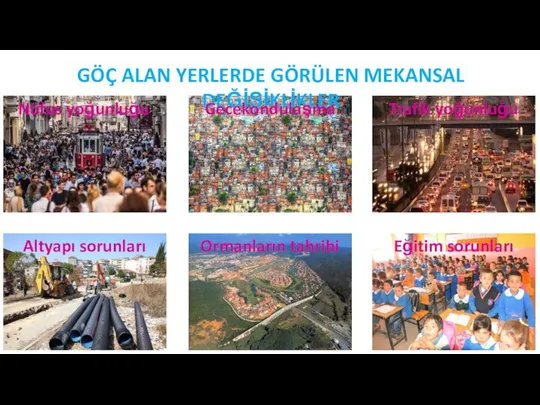 GÖÇ ALAN YERLERDE GÖRÜLEN MEKANSAL DEĞİŞİKLİKLER Nüfus yoğunluğu Gecekondulaşma Trafik yoğunluğu