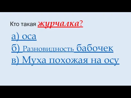 Кто такая журчалка? а) оса б) Разновидность бабочек в) Муха похожая на осу