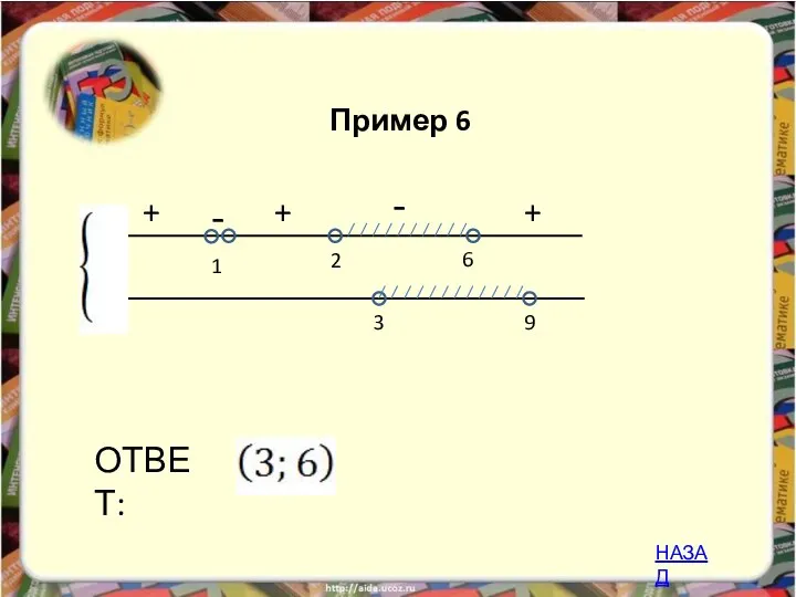 - + 6 2 ОТВЕТ: 1 3 9 + - + Пример 6 НАЗАД