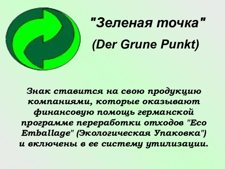 "Зеленая точка" (Der Grune Punkt) Знак ставится на свою продукцию компаниями,