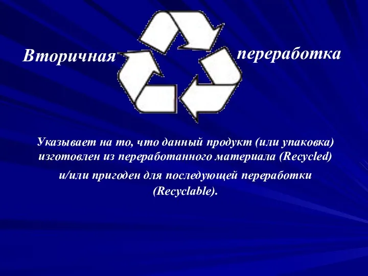 Вторичная переработка Указывает на то, что данный продукт (или упаковка) изготовлен