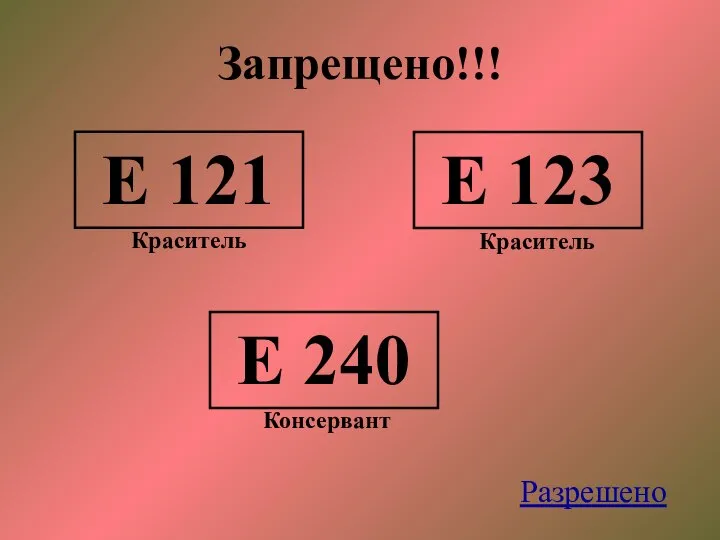 Запрещено!!! Е 121 Краситель Е 123 Краситель Е 240 Консервант Разрешено