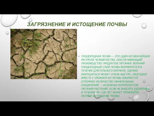 ЗАГРЯЗНЕНИЕ И ИСТОЩЕНИЕ ПОЧВЫ ПЛОДОРОДНАЯ ПОЧВА — ЭТО ОДИН ИЗ ВАЖНЕЙШИХ