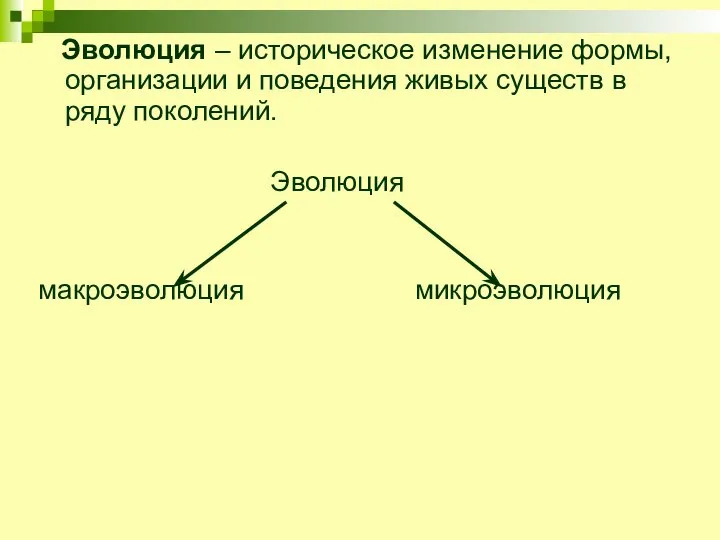 Эволюция – историческое изменение формы, организации и поведения живых существ в ряду поколений. Эволюция макроэволюция микроэволюция