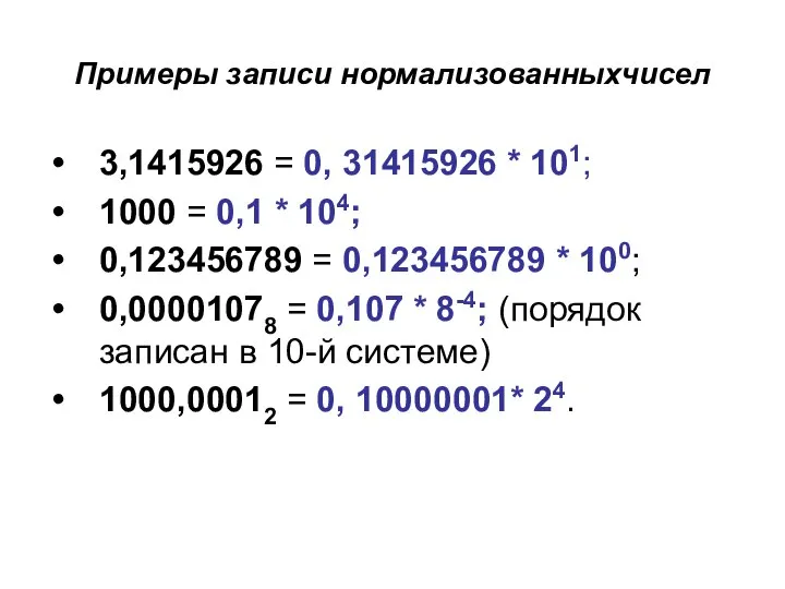 Примеры записи нормализованныхчисел 3,1415926 = 0, 31415926 * 101; 1000 =