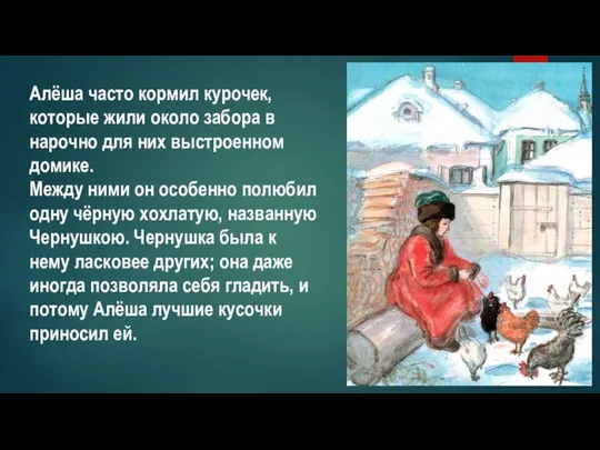 Алёша часто кормил курочек, которые жили около забора в нарочно для