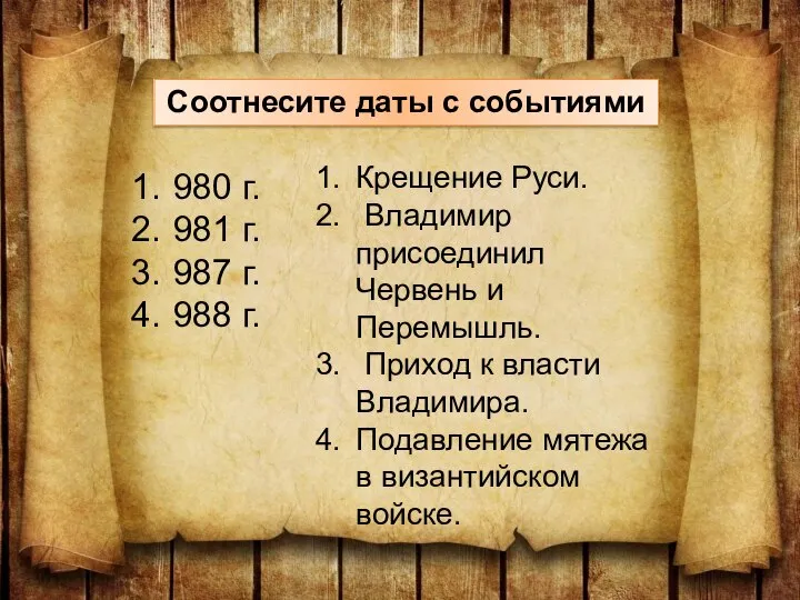 Соотнесите даты с событиями 980 г. 981 г. 987 г. 988