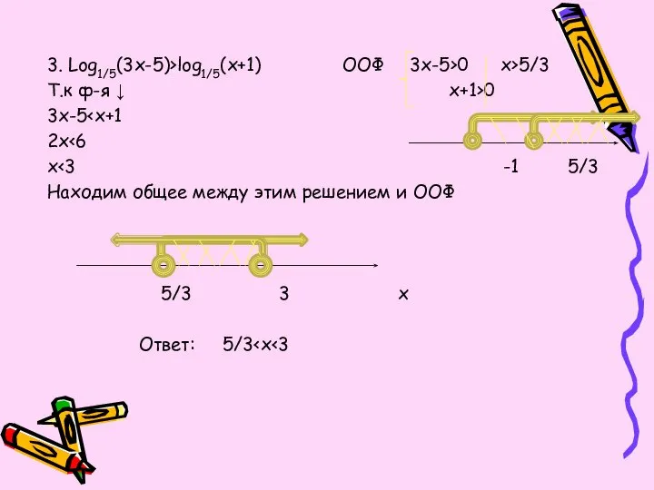 3. Log1/5(3x-5)>log1/5(x+1) ООФ 3x-5>0 x>5/3 Т.к ф-я ↓ x+1>0 3x-5 2x