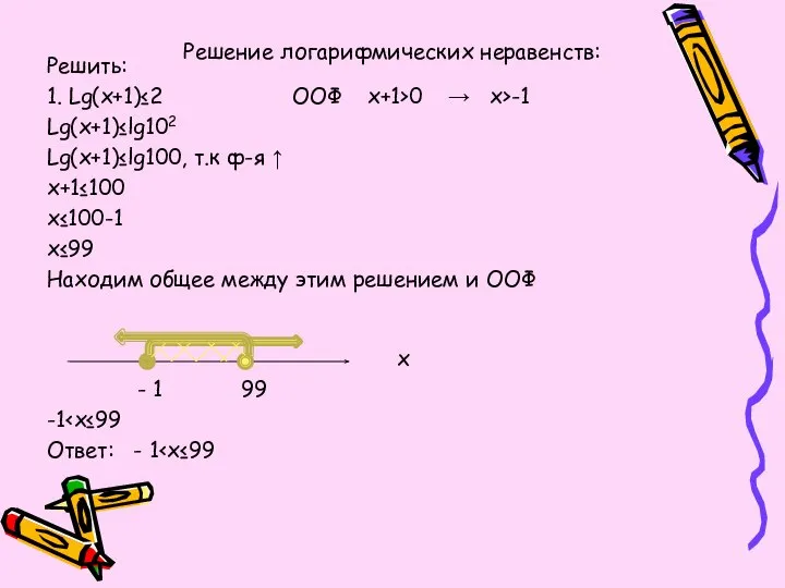 Решение логарифмических неравенств: Решить: 1. Lg(x+1)≤2 ООФ x+1>0 → x>-1 Lg(x+1)≤lg102