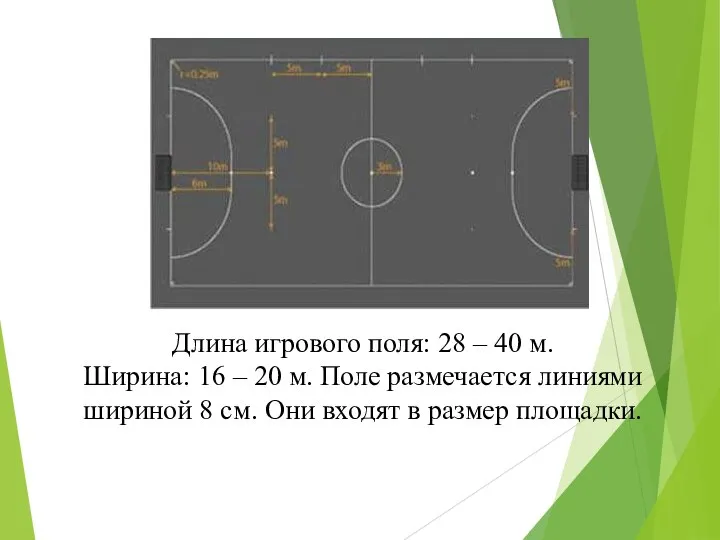 Длина игрового поля: 28 – 40 м. Ширина: 16 – 20