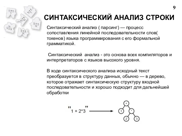 СИНТАКСИЧЕСКИЙ АНАЛИЗ СТРОКИ Синтаксический анализ ( парсинг) — процесс сопоставления линейной