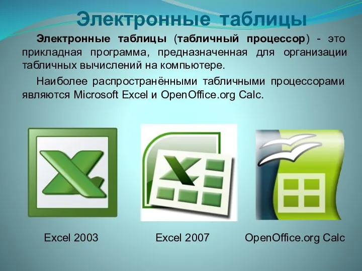 Электронные таблицы Электронные таблицы (табличный процессор) - это прикладная программа, предназначенная