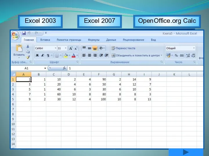 OpenOffice.org Calc Excel 2007 Excel 2003