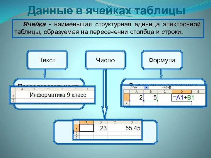 Данные в ячейках таблицы Ячейка - наименьшая структурная единица электронной таблицы,