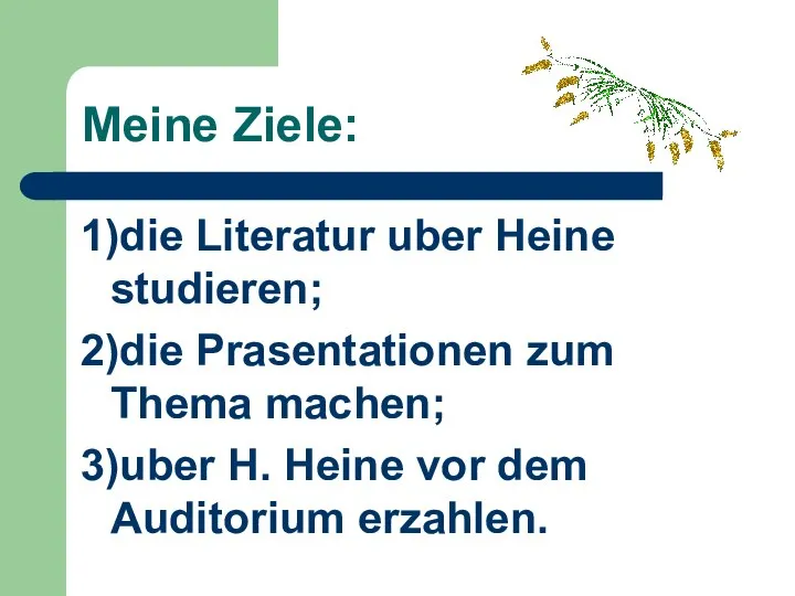 Meine Ziele: 1)die Literatur uber Heine studieren; 2)die Prasentationen zum Thema