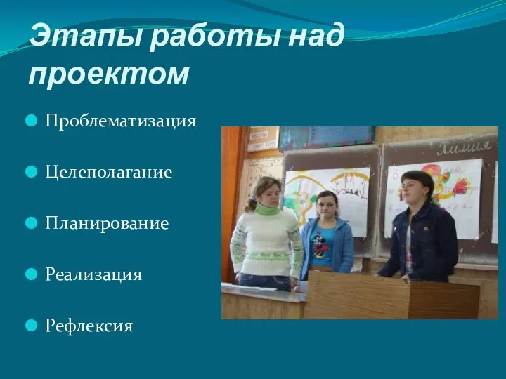 Этапы работы над проектом Проблематизация Целеполагание Планирование Реализация Рефлексия