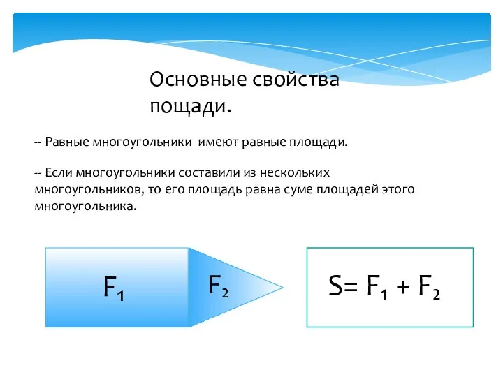 Основные свойства пощади. -- Равные многоугольники имеют равные площади. -- Если