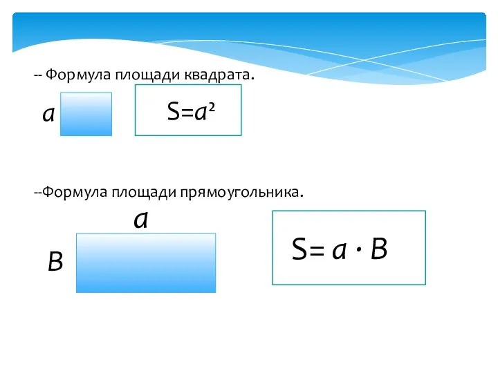 -- Формула площади квадрата. а S=a² --Формула площади прямоугольника. а В S= a · B