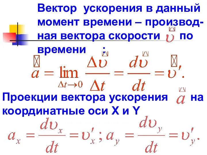 Вектор ускорения в данный момент времени – производ- ная вектора скорости