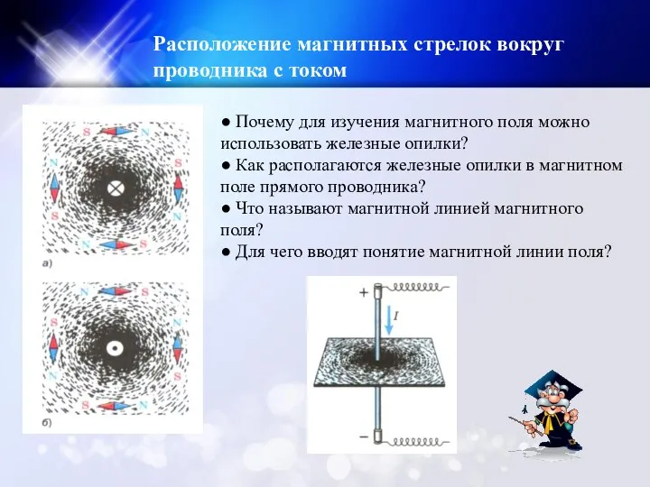 Расположение магнитных стрелок вокруг проводника с током ● Почему для изучения