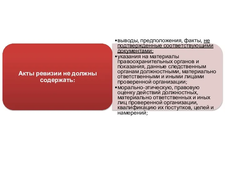 Акты ревизии не должны содержать: выводы, предположения, факты, не подтвержденные соответствующими