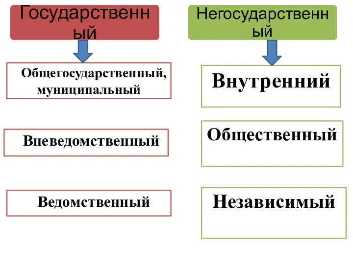 Общегосударственный, муниципальный Ведомственный Внутренний Общественный Вневедомственный Независимый