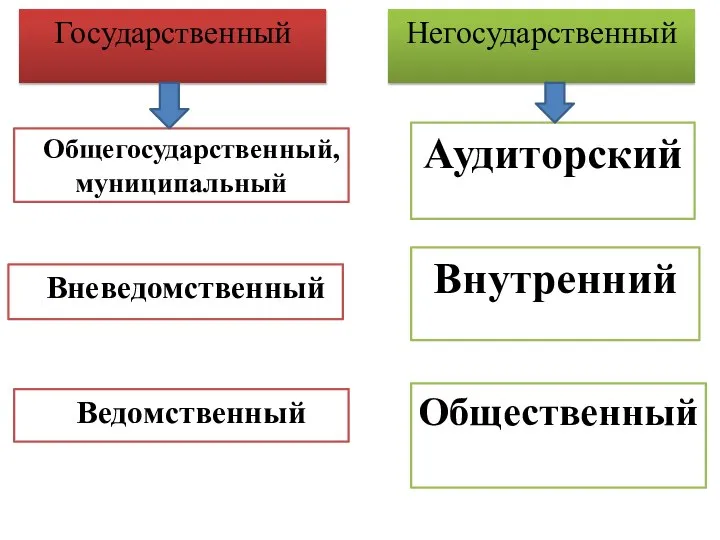 Государственный Негосударственный Общегосударственный, муниципальный Ведомственный Аудиторский Внутренний Вневедомственный Общественный